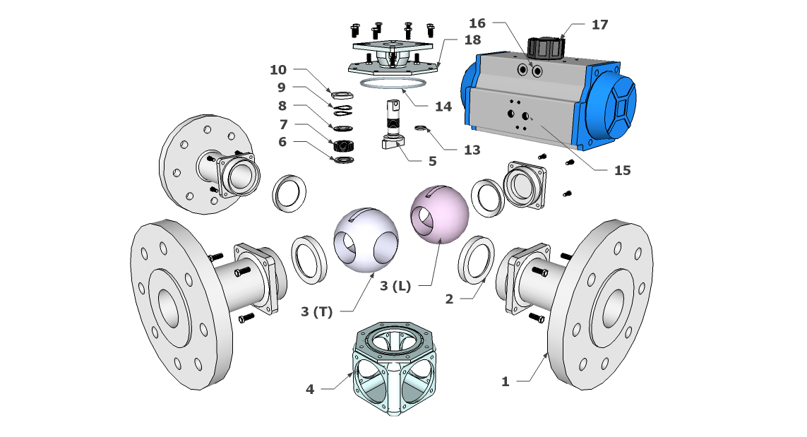 3 way flanged spring return pneumatic stainless steel ball valve