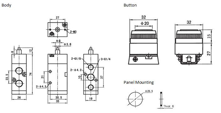 Flush Button Spring Return 5 way 2 position valve