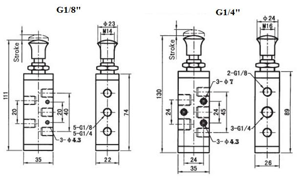5 way 2 position push pull valve dimensions