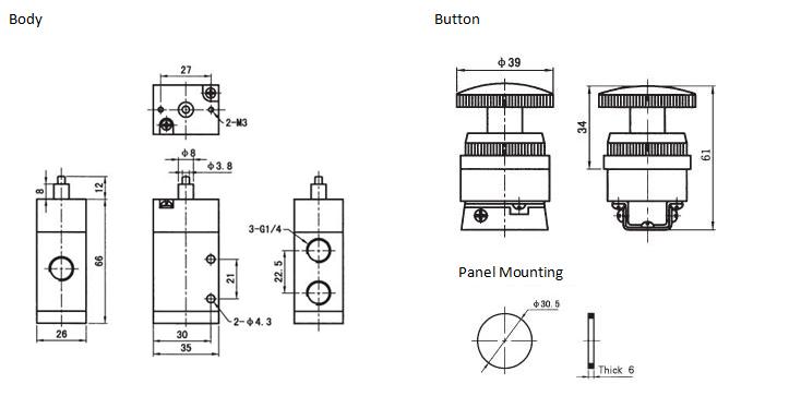 Palm button latching 3 way 2 position valve - emergency stop