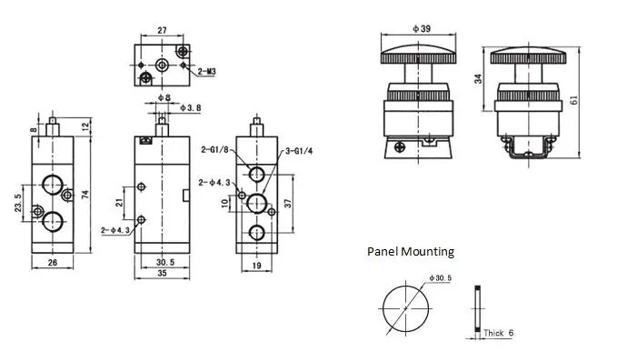 5 way 2 position palm button latching valve
