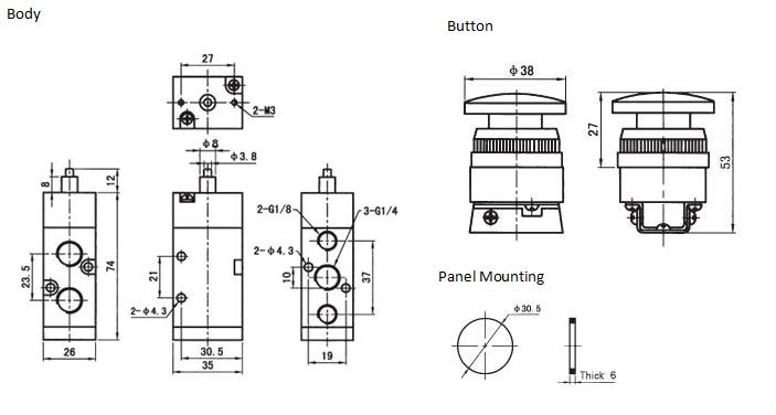 5 way 2 position palm button spring return valve