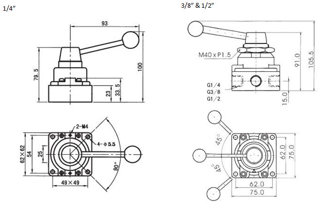 4 way 3 position rotary lever valve